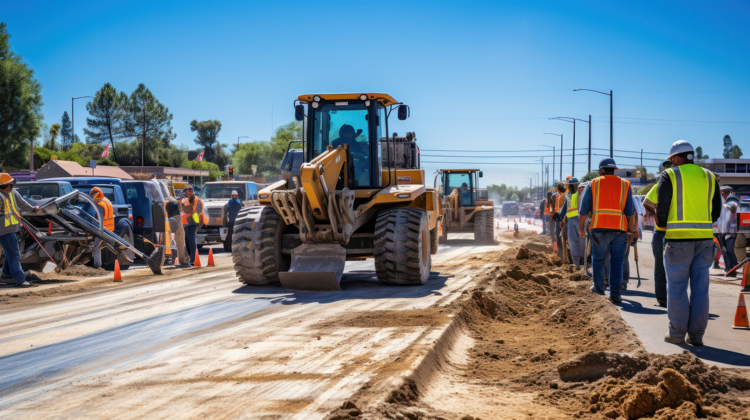 2400 men operating heavy machinery at a construction site on a road